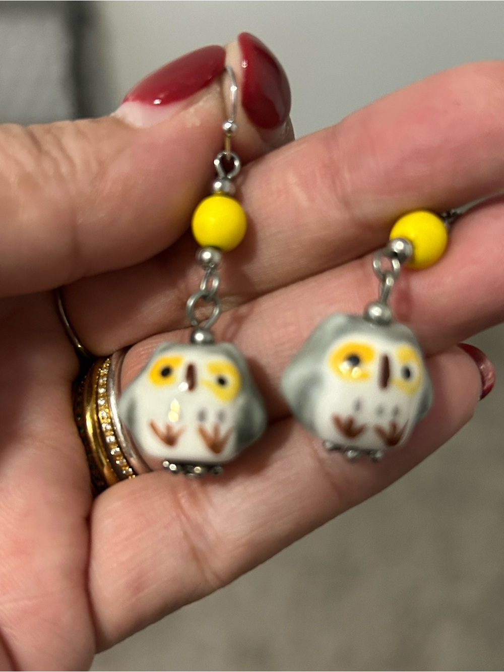 Gray and Yellow Owl Drop Earrings